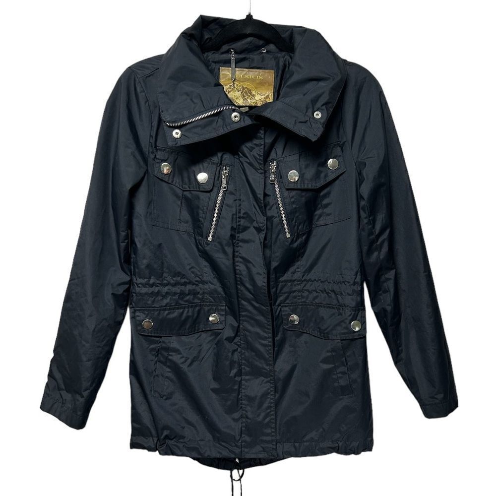 Celsius Black Rain Coat Light Jacket Windbreaker Fall Spring Many Pockets